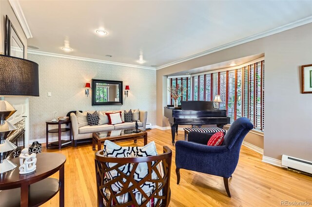 824 S Medea Way, Denver, CO 80209 - living area featuring light wood-style flooring, crown molding, and a baseboard radiator