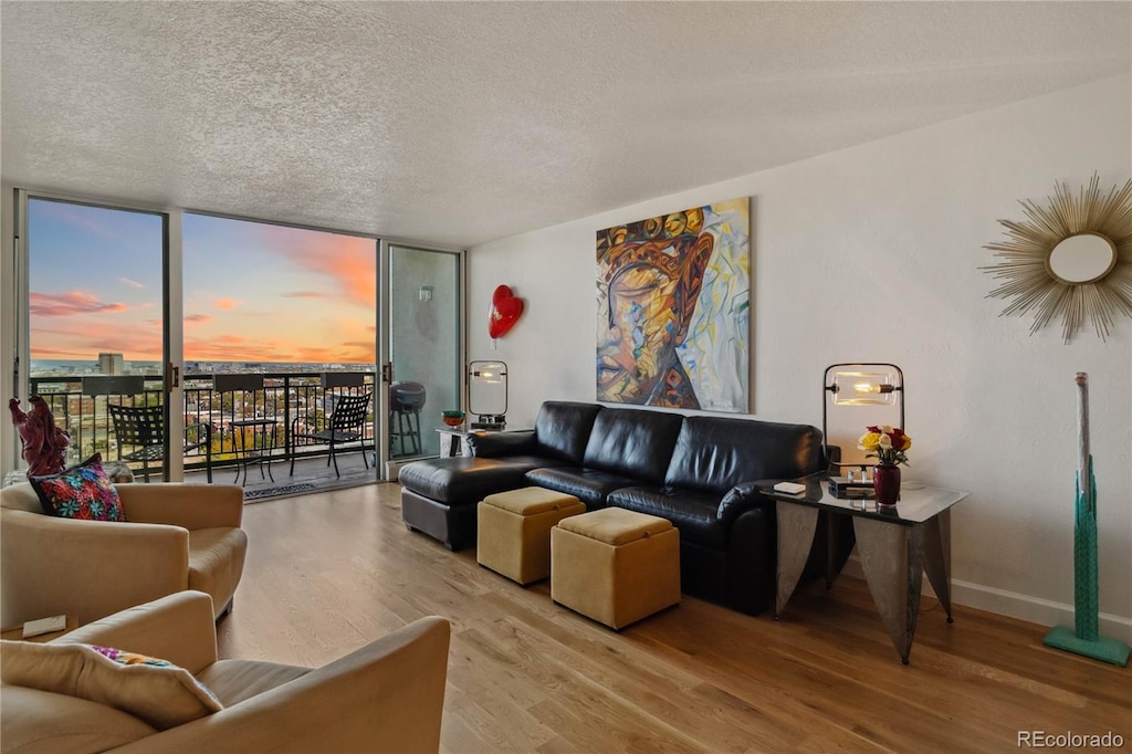 living room featuring a textured ceiling, light hardwood / wood-style flooring, and floor to ceiling windows