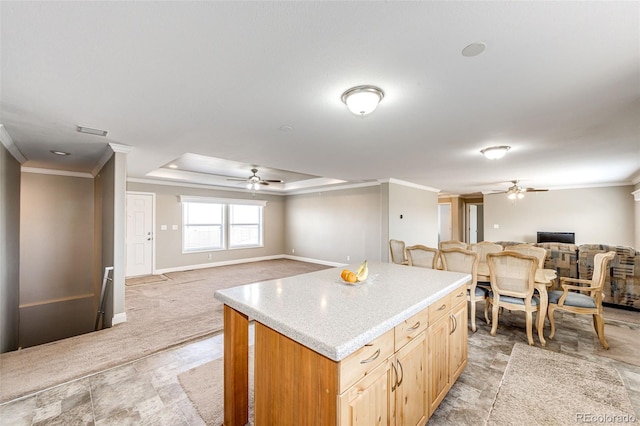 kitchen with a raised ceiling, crown molding, light brown cabinets, and ceiling fan