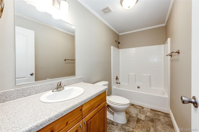 full bathroom with vanity, ornamental molding, shower / bathtub combination, and toilet