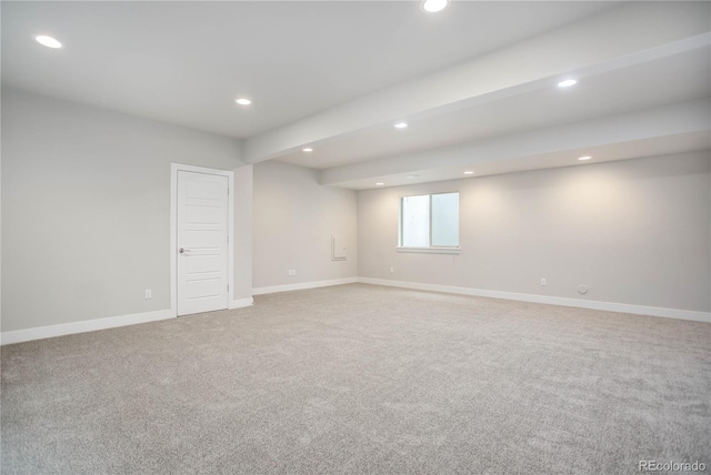 unfurnished room featuring carpet flooring, recessed lighting, and baseboards