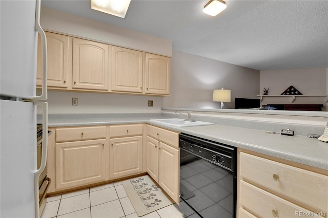 kitchen with sink, light tile patterned floors, dishwasher, a textured ceiling, and white fridge