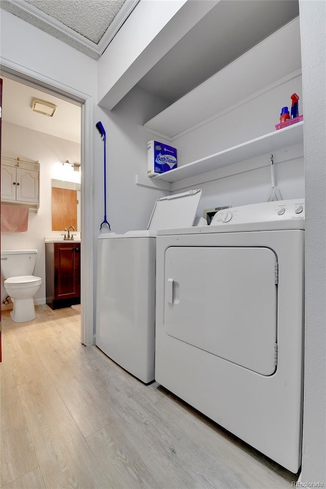 laundry area featuring washer and dryer and light wood-type flooring