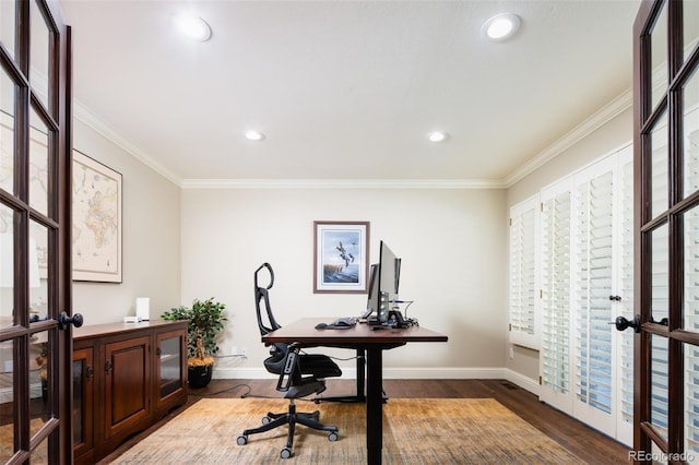 office area featuring french doors, recessed lighting, ornamental molding, wood finished floors, and baseboards