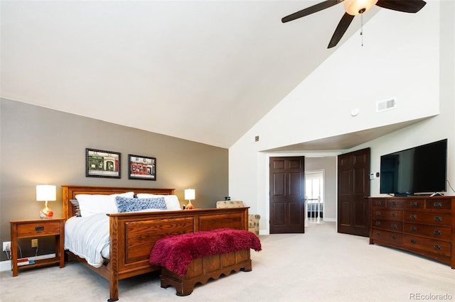 bedroom with light carpet, baseboards, visible vents, ceiling fan, and high vaulted ceiling