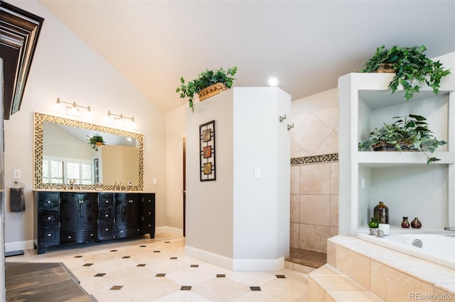 full bathroom with a garden tub, vanity, baseboards, vaulted ceiling, and walk in shower