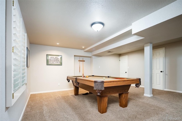 rec room featuring carpet floors, billiards, baseboards, and recessed lighting