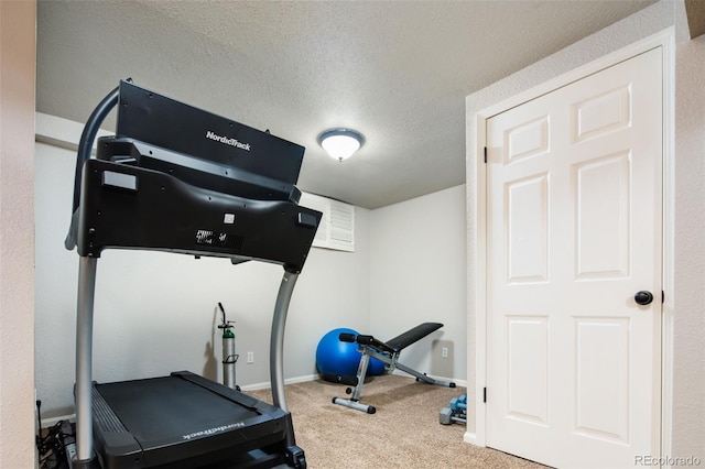 workout area with a textured ceiling, carpet floors, and baseboards