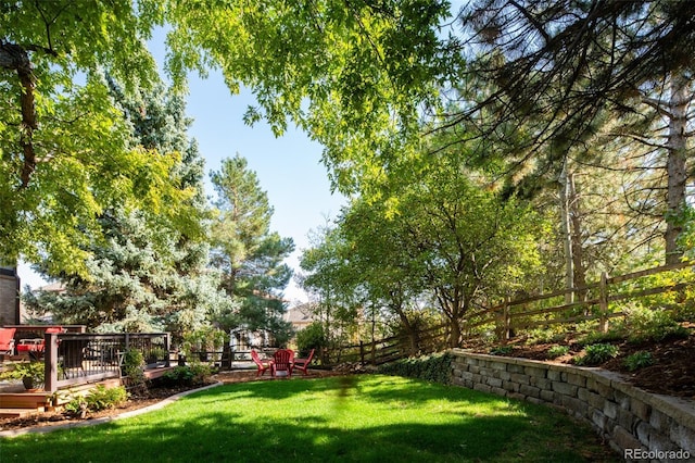 view of yard featuring a deck and fence