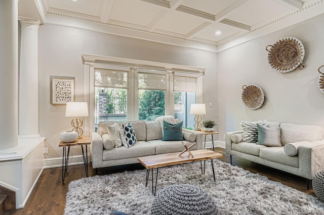 490 Columbine St Unit 5, Denver, CO 80206 - living room with ornate columns, coffered ceiling, wood finished floors, crown molding, and beamed ceiling