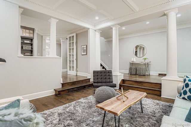 490 Columbine St Unit 5, Denver, CO 80206 - living area with ornate columns, wood finished floors, recessed lighting, crown molding, and stairway