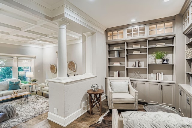 490 Columbine St Unit 5, Denver, CO 80206 - living area with decorative columns, crown molding, recessed lighting, wood finished floors, and beam ceiling