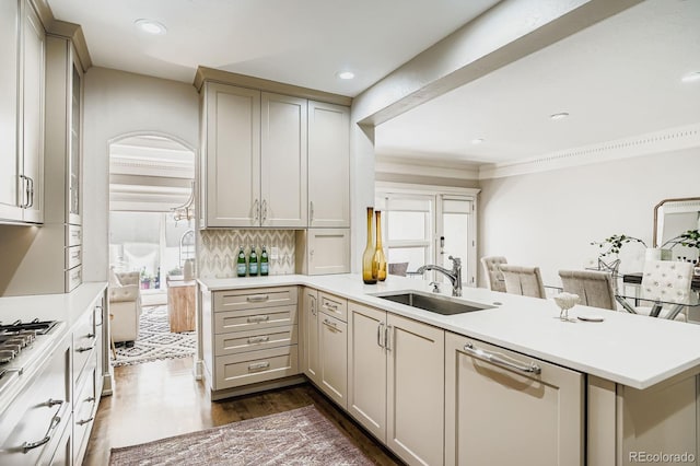490 Columbine St Unit 5, Denver, CO 80206 - kitchen featuring dishwasher, a peninsula, light countertops, dark wood finished floors, and backsplash