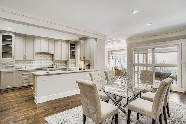490 Columbine St Unit 5, Denver, CO 80206 - dining room with a chandelier, dark wood finished floors, recessed lighting, and crown molding
