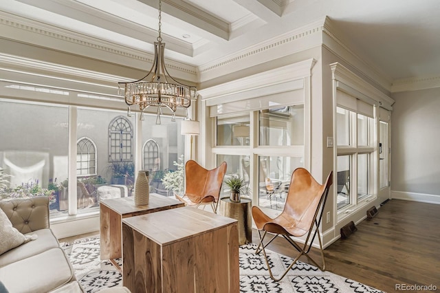 490 Columbine St Unit 5, Denver, CO 80206 - office with crown molding, a chandelier, wood finished floors, beam ceiling, and coffered ceiling