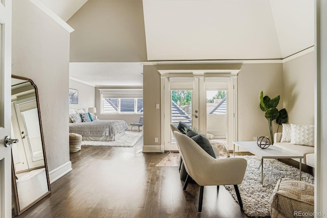 490 Columbine St Unit 5, Denver, CO 80206 - living room with dark wood-style flooring, high vaulted ceiling, stairway, and crown molding