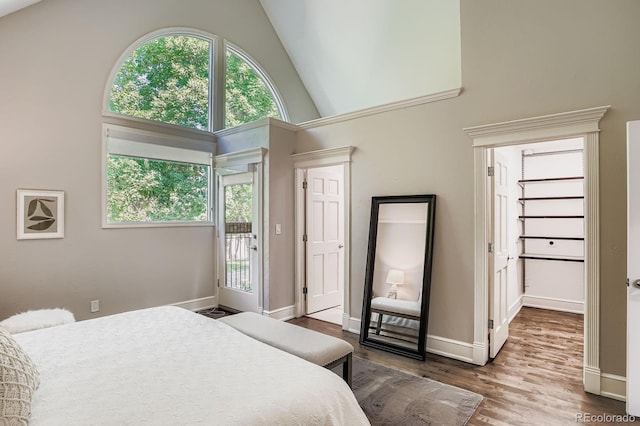 490 Columbine St Unit 5, Denver, CO 80206 - bedroom with high vaulted ceiling, dark wood-type flooring, and access to exterior