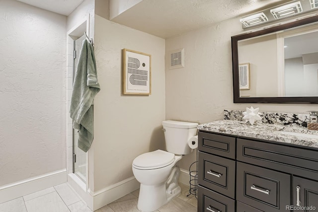 490 Columbine St Unit 5, Denver, CO 80206 - full bath featuring vanity, tile patterned flooring, a stall shower, and a textured wall