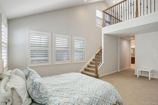 4542 Valleybrook Dr, Highlands Ranch, CO 80130 - bedroom featuring carpet flooring, high vaulted ceiling, and baseboards