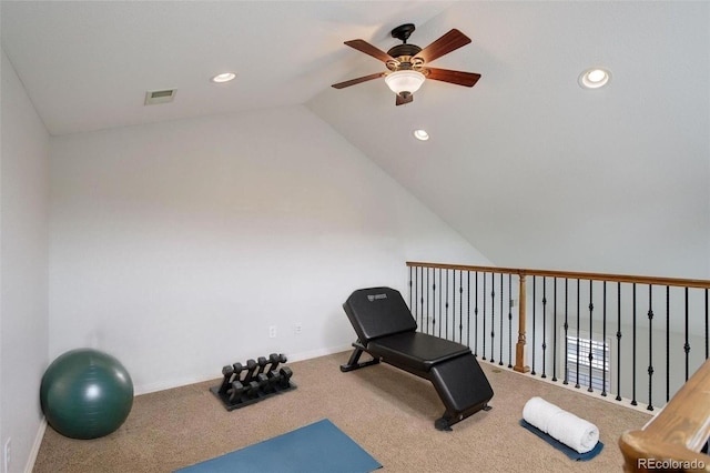 4542 Valleybrook Dr, Highlands Ranch, CO 80130 - workout room with ceiling fan, lofted ceiling, carpet, recessed lighting, and baseboards