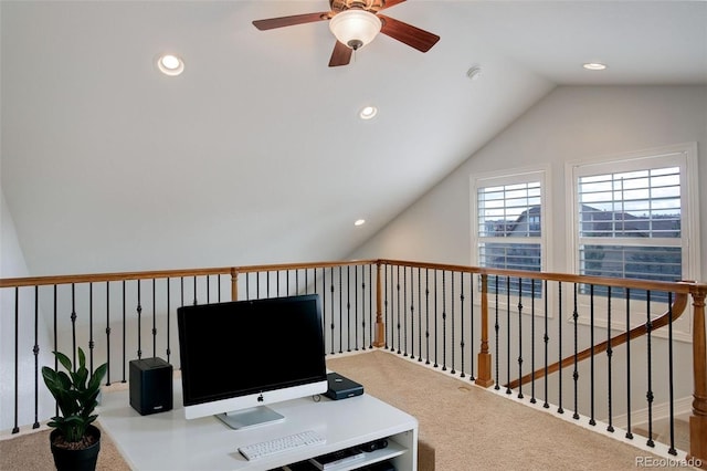 4542 Valleybrook Dr, Highlands Ranch, CO 80130 - office featuring a ceiling fan, lofted ceiling, recessed lighting, and carpet flooring