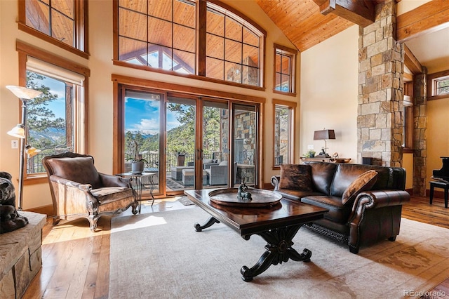 living room with beam ceiling, high vaulted ceiling, wood ceiling, and light wood-type flooring