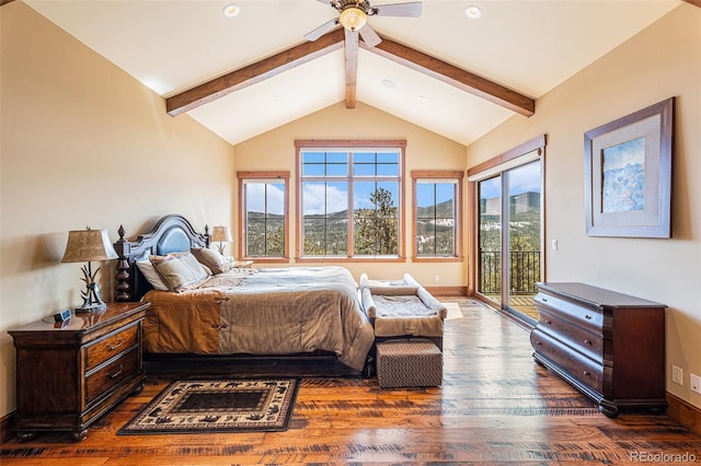 bedroom featuring dark hardwood / wood-style floors, ceiling fan, access to outside, and multiple windows