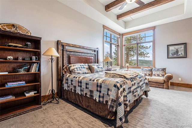 bedroom with light carpet, beam ceiling, and ceiling fan