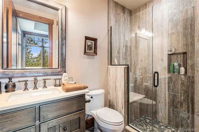 bathroom featuring toilet, an enclosed shower, and vanity