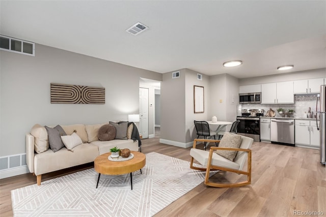 living area with light wood finished floors and baseboards