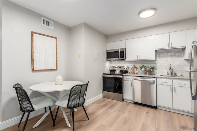 kitchen with appliances with stainless steel finishes, a sink, decorative backsplash, and light wood finished floors