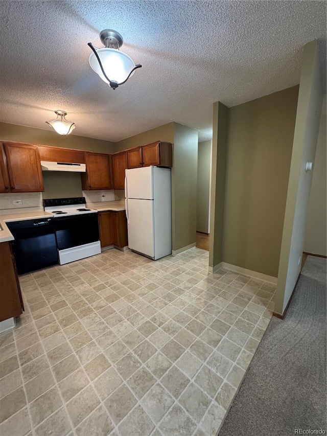 kitchen with electric range oven, dishwasher, light countertops, freestanding refrigerator, and under cabinet range hood