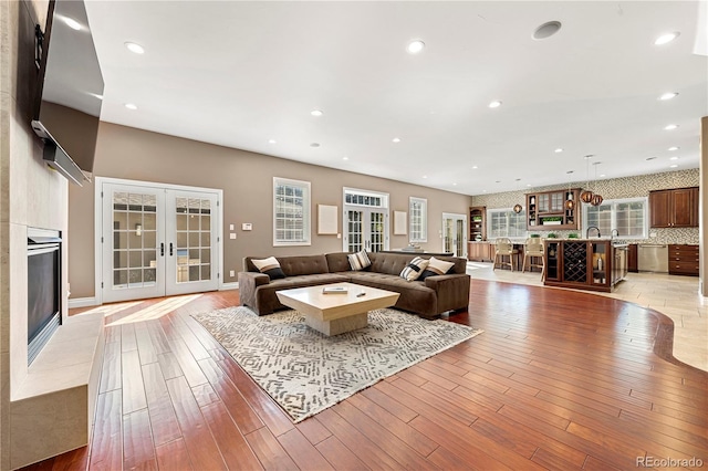 living room featuring light hardwood / wood-style flooring and french doors