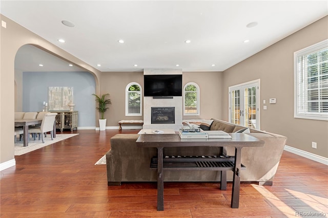 living room with wood-type flooring, a healthy amount of sunlight, french doors, and a fireplace