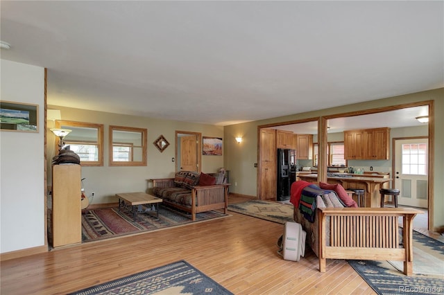 living area featuring light wood-style flooring, a wealth of natural light, and baseboards