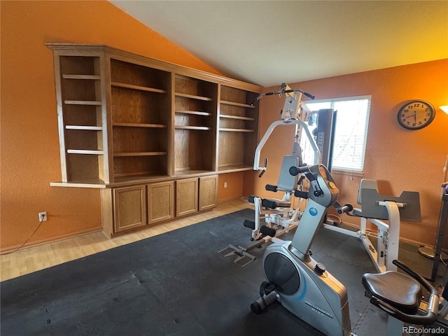 exercise room featuring lofted ceiling and light wood-type flooring