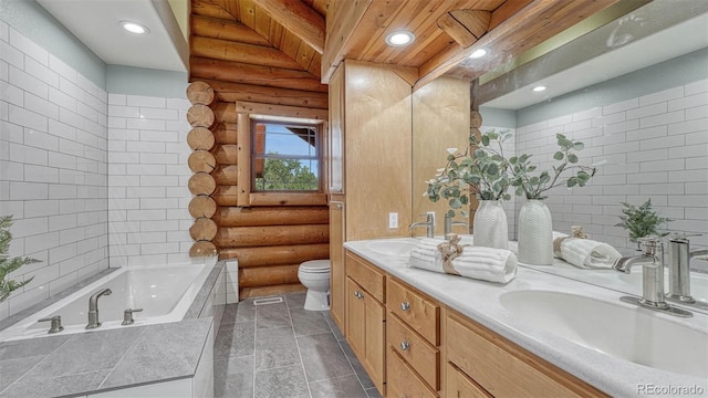 full bath featuring a sink, log walls, toilet, and double vanity