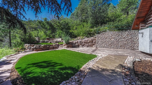 view of yard featuring a patio and fence