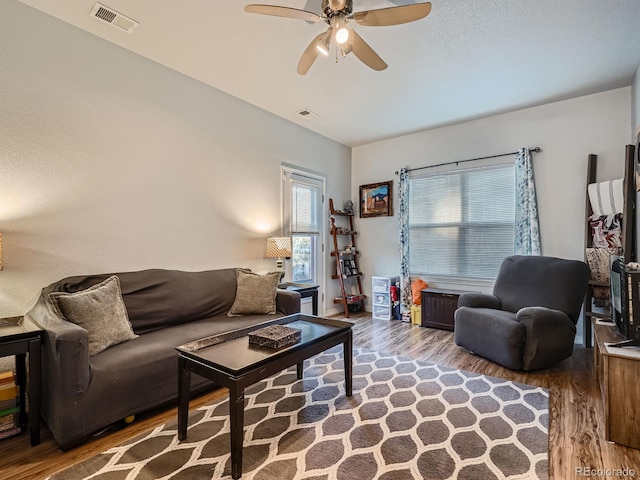 living room with ceiling fan and hardwood / wood-style floors