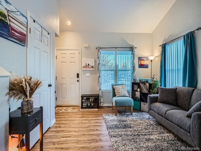 living room with lofted ceiling and hardwood / wood-style floors