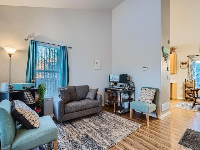 living room with hardwood / wood-style flooring and a towering ceiling