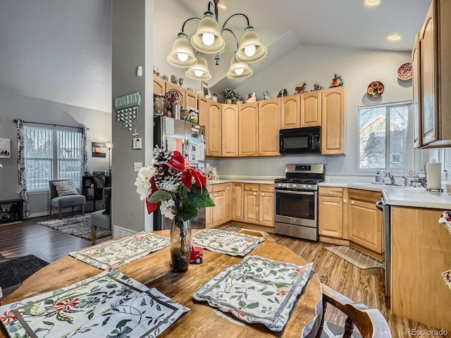 kitchen with a wealth of natural light, appliances with stainless steel finishes, light brown cabinetry, and lofted ceiling