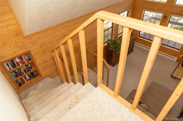 stairway featuring carpet flooring and wooden walls