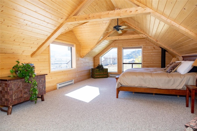 bedroom featuring a baseboard heating unit, multiple windows, and wooden ceiling