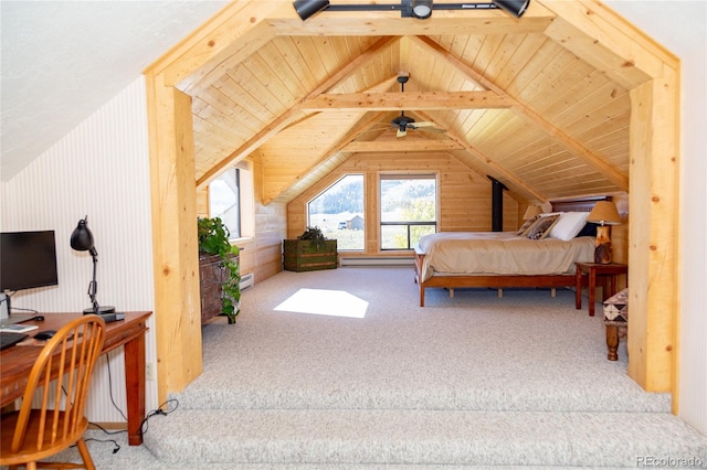 bedroom with lofted ceiling, carpet, and wood ceiling