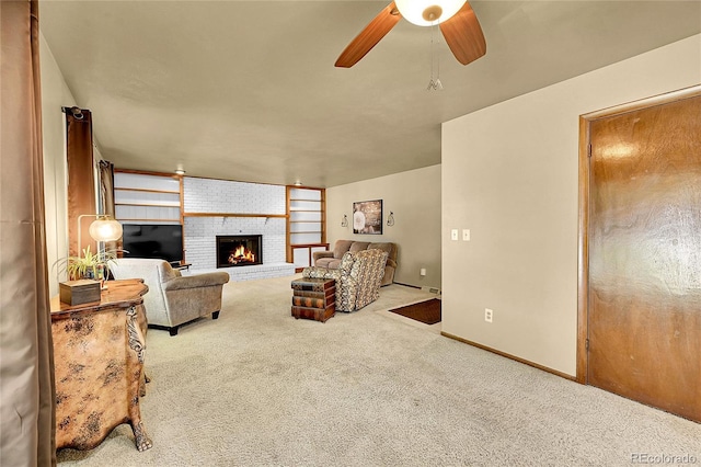 12348 Elizabeth Ct, Thornton, CO 80241 - carpeted living area featuring ceiling fan, a brick fireplace, and baseboards