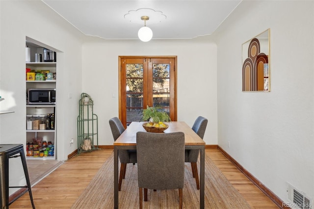 dining room featuring french doors, built in shelves, and light hardwood / wood-style flooring