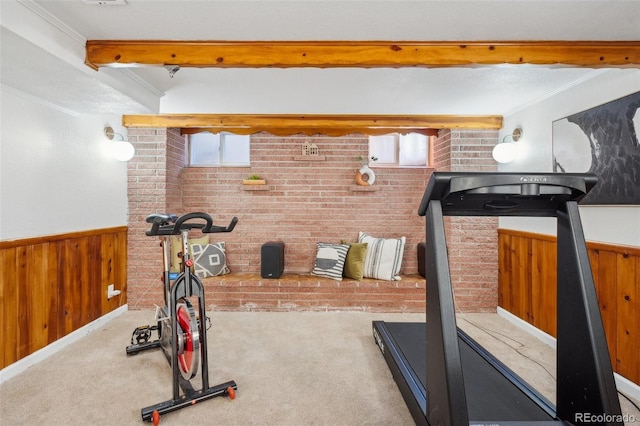 workout room featuring brick wall, ornamental molding, carpet flooring, and wood walls