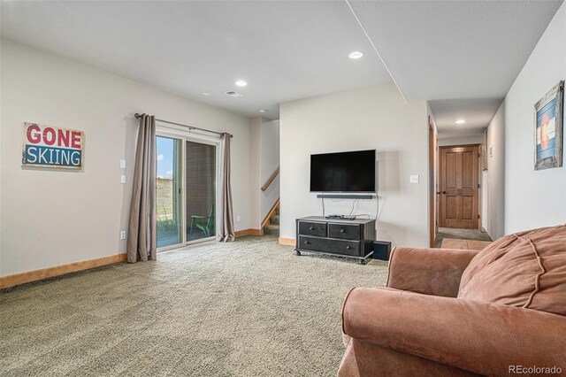 109 Peak Vw, Granby, CO 80446 - living area featuring baseboards, carpet flooring, stairs, and recessed lighting