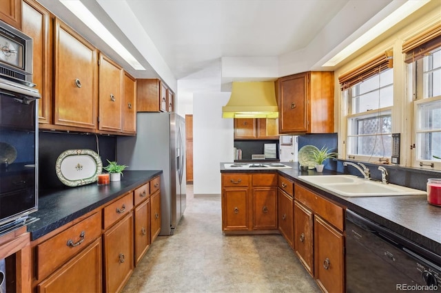 3201 S Albion St, Denver, CO 80222 - kitchen with dishwasher, a sink, custom range hood, light flooring, and dark countertops